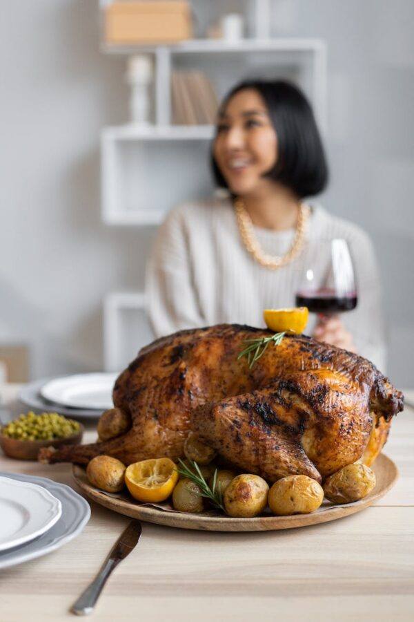 roasted turkey on table on thanksgiving day