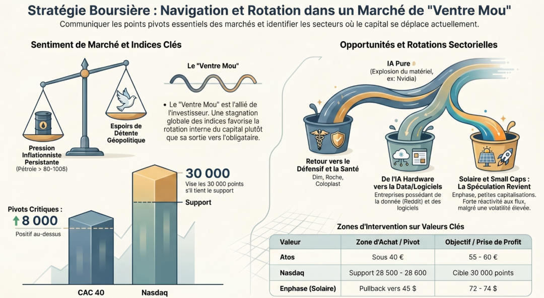 Infographie sur la rotation sectorielle et pivots clés (CAC 40 à 8000, Nasdaq à 30000). Un tableau détaille les zones d'achat pour Atos, le Nasdaq et Enphase
