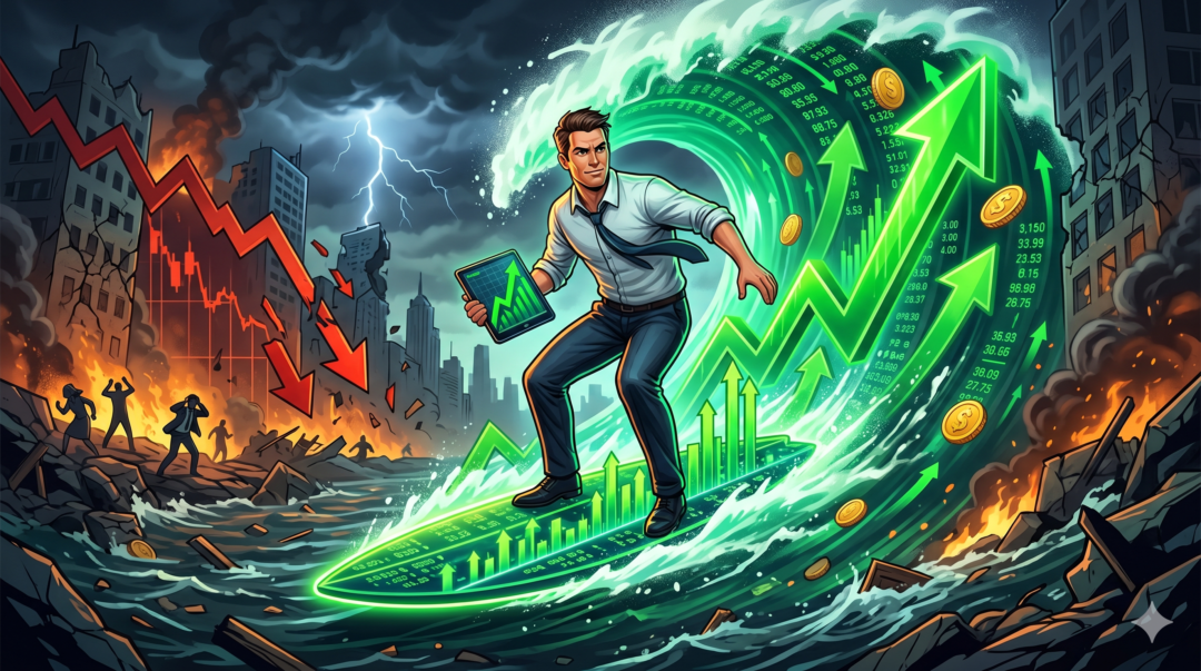 Un homme d'affaires surfe sur une vague de graphiques boursiers verts au milieu d'un effondrement économique