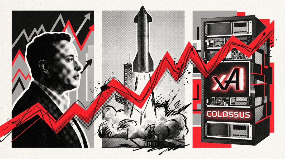 Elon Musk, une fusée Starship et le supercalculateur Colossus de xAI avec des graphiques de croissance