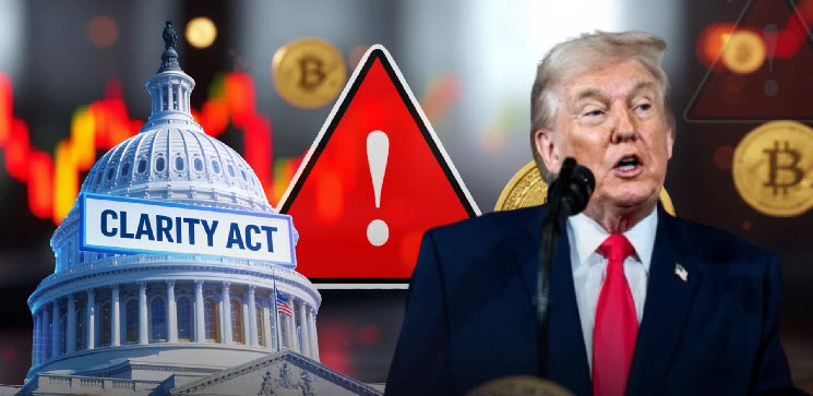 Donald Trump, le Capitole avec l'inscription Clarity Act, un panneau d'avertissement et des symboles Bitcoin