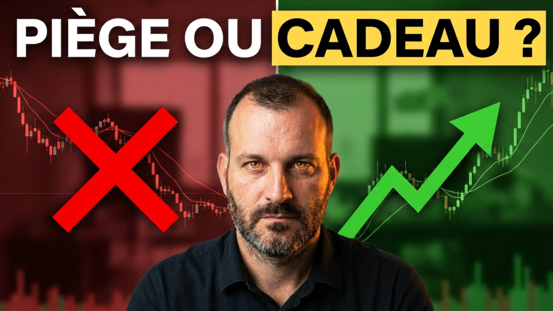 Piège ou cadeau ? Un homme face à des graphiques boursiers montrant une baisse (rouge) et une hausse (vert)