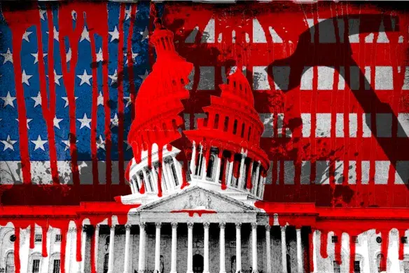Capitole des États-Unis au dôme brisé, couvert de peinture rouge dégoulinante sur fond de drapeau américain